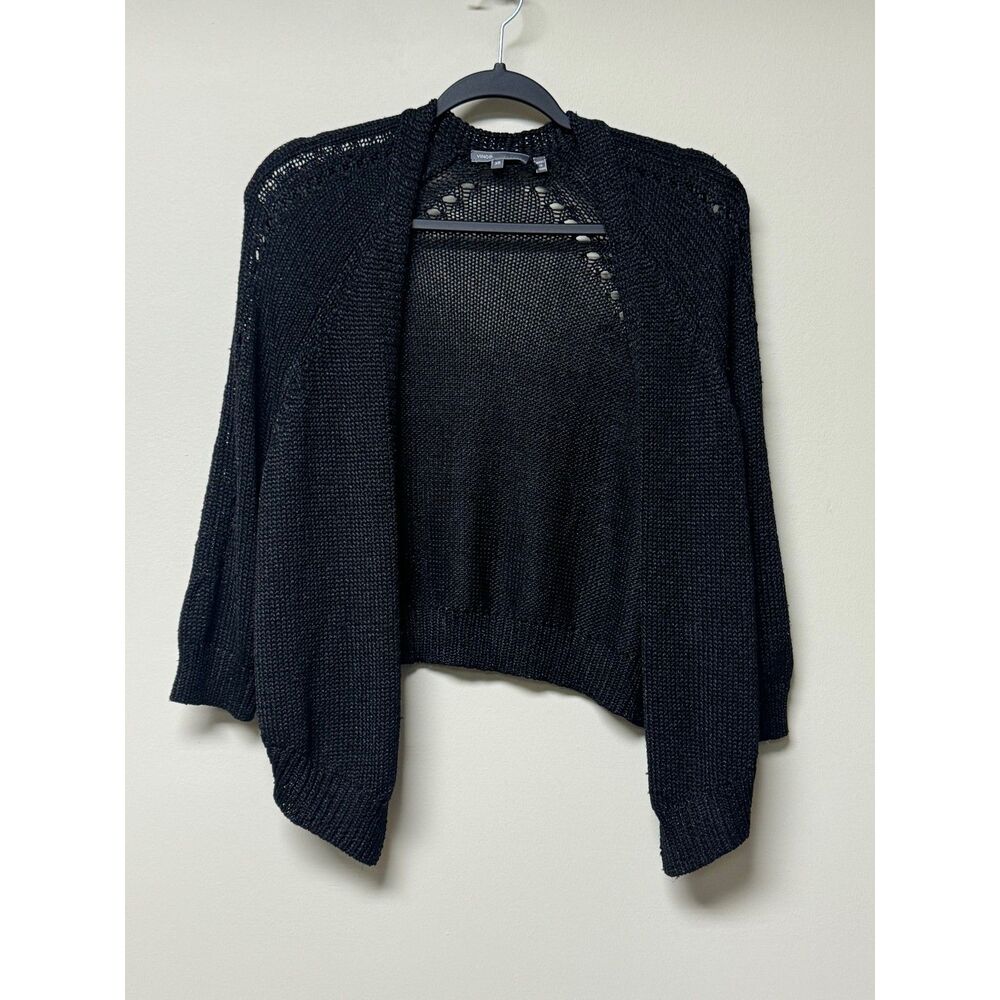 VINCE 100% Linen Open, Nubby Knit Open Front Cardigan Sweater Black